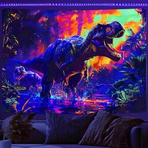Xiaoput Dinosaur Blacklight Tapestry, Kids Dinosaur Posters Tapestry for Boys Room Wall Decor, UV Trippy Tapestry, Cool Dinosaur Jungle Forest Art Tapestry for Bedroom Living Room Dorm Room, 60X40IN