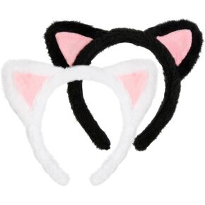 Huachi 2 Packs Cute Cat Ears Headband Spa Headbands for Washing Face Makeup Skincare Halloween Costume, Soft Push Black and White Cats Animal Kitten Head Bands Hair Accessories for Women Teen Girls