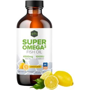 SFH Super Omega 3 Lemon Fish Oil Liquid + Vitamin D | شديدة التركيز 3400 ملغ أوميغا 3S + 1000IU فيتامين D3 | مصادر مستدامة ألاسكا بولوك | أغطية مقاومة للانسكاب | 8oz