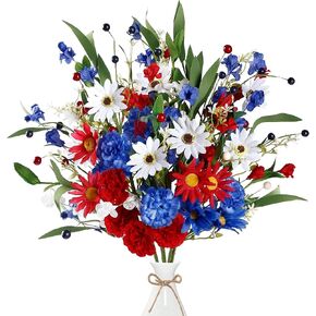 Sggvecsy Patriotic Artificial Flowers 6Pcs Memorial Bouquet Fake Red White and Blue Cemetery Flowers with Marigold Daisy for Grave 4th of July Memorial Day Independence Day Veterans Decoration