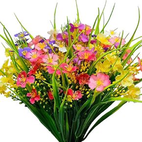 Artificial Flowers Outdoor UV Resistant 12 Bundles Faux Silk Spring Summer Wildflower and Plants Plastic Fake Greenery Shrubs for Outside Planter Porch Window Boxes Garden Decoration
