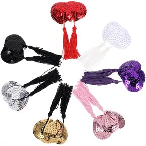 7 Pairs Reusable Adhesive Nipple Cover Shiny Sequin Silicone Heart-Shaped Breast Pads Stickers Self Adhesive Pasties Bra with Tassel for Women Girl Couple Game Party