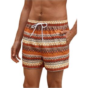 SHENHE Men's Boho Geo Print Swim Trunks Drawstring Elastic Waist Straight Leg Beach Shorts