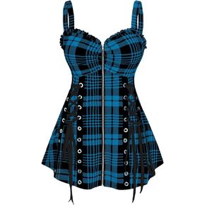 ROSE GAL Womens Plus Size Curve Lace Up Full Zipper Plaid Tank Tops Gothic Sleeveless Strap Tank Top