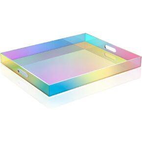 NiHome Iridescent Acrylic Serving Tray 20"x16" for Organizing, Decorative Vanity Tray Organizer with Handles & Silicone Pads,Large Ottoman Tray for Coffee Table,Bathroom,Living Room & Kitchen Tabletop