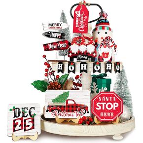 BBTO 13 Pcs Christmas Tiered Tray Decor Winter Table Decorations Red Black Plaid Gnome Truck Wooden Signs Farmhouse Snowman Decor for Home Table Shelf