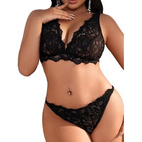 WDIRARA Women's Plus Size Floral Lace Mesh Underwire Lingerie Set Scalloped Trim Bralettes and Panty Set