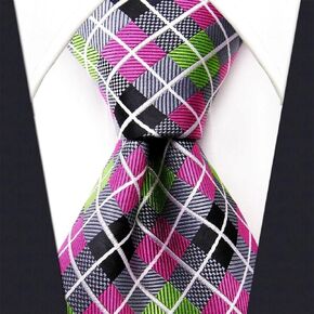 Intrepid Executive Wardrobe Accessory, Handmade 100% Silk Jacquard Woven Gray Pink Green Checked Tie 3.4" Classic Silk Jacquard Men's Necktie Tie