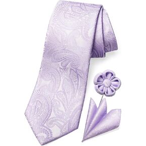 TaecMin Silver Tie Light Grey Ties for Men Paisley Neckties and Pocket Squares Set with Flower Lapel Pins for Weddings