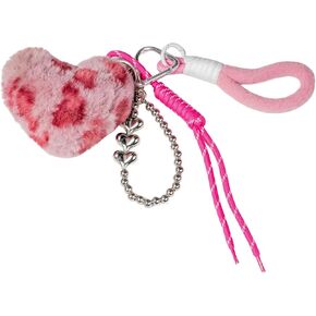 Y2K Heart Charm Leopard Keychains for Women and Girls - Fuzzy Animal Keychain Puffball, Purse Charms Kit, Accessories for Backpacks, Purses, and Handbags