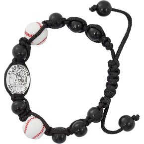 Needzo Adjustable Black Cord Bracelet with Baseball Beads and St. Sebastian Medal for Athletes, One Size