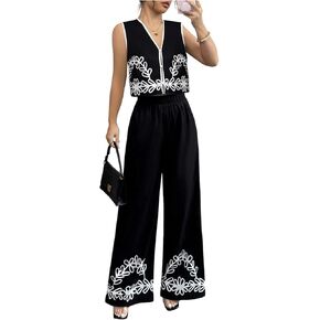 OYOANGLE Women's 2 Piece Outfits Boho Floral Button V Neck Crop Vest Tank Top and Straight Pants Set