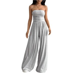 OYOANGLE Women's Strapless Jumpsuits Ruched Wide Leg Long Pants Romper
