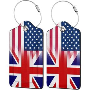 American and British Flags -1 2 Pack Luggage Tag for Suitcase, Luggage Tags for Suitcases,Leather Stainless Steel Loop Label Tag for Men Women Girlstravel Bag Suitcase
