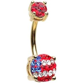 Pierced Owl 14GA Gold Plated Stainless Steel CZ Crystal American Flag Sparkling Belly Button Ring