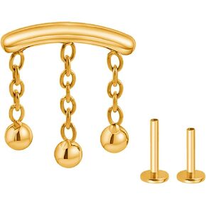 16G Gold Dangle Chain Beads Hidden Helix Piercing Jewelry Surgical Steel Hidden Helix Earring, 6mm 8mm Bars