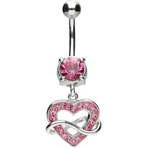 PIERCINGLINE surgical steel dangle belly button piercing with heart and infinity pendant - belly button ring surgical steel, piercing - new version with improved durability