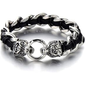 COOLSTEELANDBEYOND Large Stainless Steel Mens Roaring Tiger Braided Curb Chain Bracelet with Black Leather Retro Style