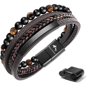 Leather Bracelet for Men, Adjustable Mens Braided Leather Bracelet with Stainless Steel Magnetic Clasp - Brown