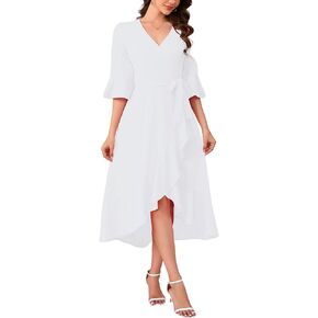Women's V Neck Bell Sleeve Wrap Midi Dress High Low Split Ruffle Dress with Belt