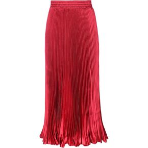 ebossy Women's Boho Satin Metallic Pleated Accordion Skirts Elastic High Waist Flowy A Line Shirring Maxi Long Skirt (One Size, Red)