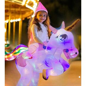 Kids Inflatable Unicorn Costume, Riding Unicorn Air Blow-up Deluxe with LED Light for Halloween Party Unicorn