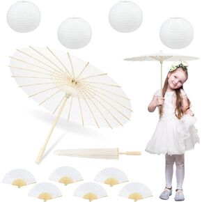 12 PCS 23.6" White Paper Umbrellas with 8 Inch Foldable Handheld Fans 12 Inch Paper Lanterns, Oiled Chinese Japanese Parasols, White Parasols Umbrellas Bulk for DIY Painting, Wedding, Ceiling Decor