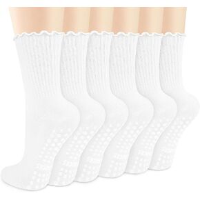 Justay 6 Pairs Womens Pilates Socks with Grips Crew Non Slip Ruffle Cotton for Athletic Workout Barre Hospital Yoga Socks