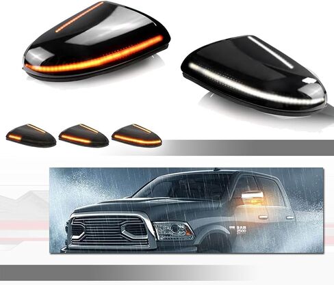 for 2009-2018 Dodge Ram 1500, 2010-2018 Ram 2500 3500 Side Mirror Turn Signal White DRL Tow Light Assembly Blinker Puddle Lamp Smoked Lens Sequential Dynamic Amber LED in Saudi Arabia