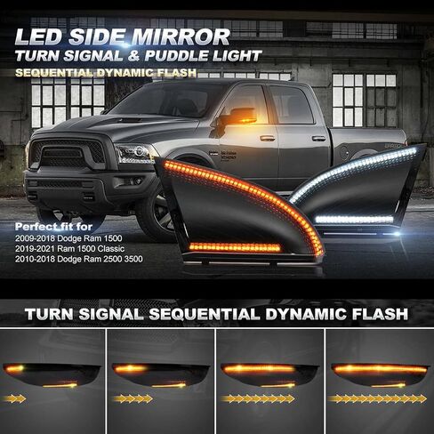 for 2009-2018 Dodge Ram 1500, 2010-2018 Ram 2500 3500 Side Mirror Turn Signal White DRL Tow Light Assembly Blinker Puddle Lamp Smoked Lens Sequential Dynamic Amber LED in Saudi Arabia