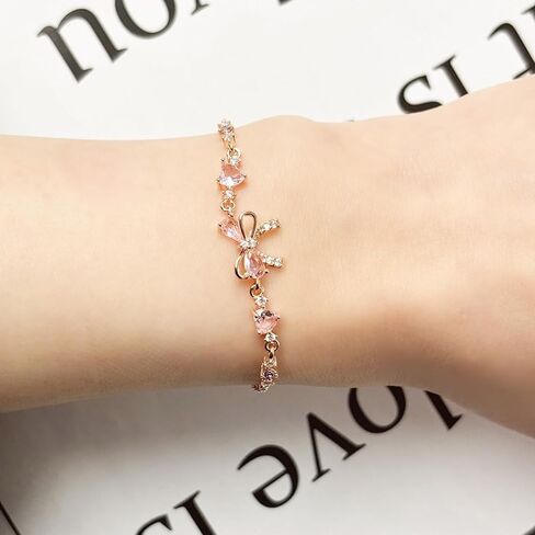 Bow Bracelet for Women Gold/Silver Adjustable Ribbon Bow Bracelet Trendy Pink Crystal Bowkot Cute Bowknot Chain Jewelry for Friends Bridesmaid Proposal (rose gold) in Saudi Arabia