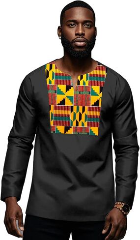 African Shirt for Men Kente Tribal Patchwork Long Sleeve Dashiki Shirt Nigerian Top Attire in Saudi Arabia
