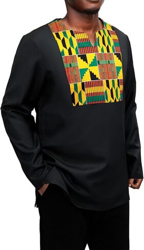 African Shirt for Men Kente Tribal Patchwork Long Sleeve Dashiki Shirt Nigerian Top Attire in Saudi Arabia