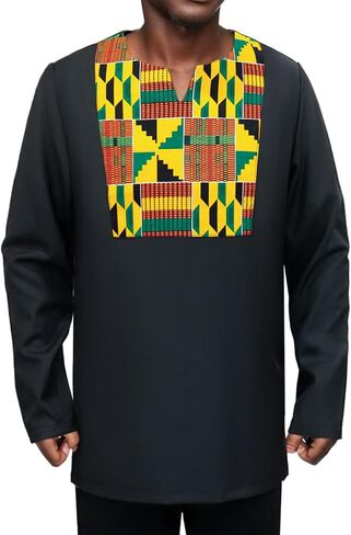 African Shirt for Men Kente Tribal Patchwork Long Sleeve Dashiki Shirt Nigerian Top Attire in Saudi Arabia
