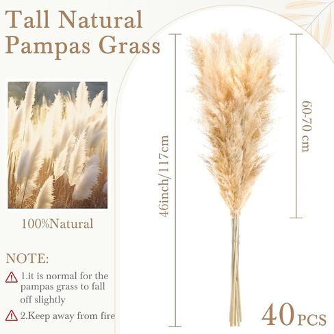 40pcs 46 Inch Fluffy Tall Pampas Grass Decor Bulk, Natural Dried Pampas Grass Bouquet for Floor Vase, Wedding Floral Arrangements, Party, Farmhouse, Boho Home Decor in Saudi Arabia