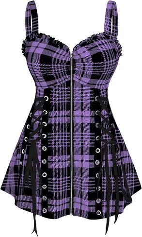 ROSE GAL Womens Plus Size Curve Lace Up Full Zipper Plaid Tank Tops Gothic Sleeveless Strap Tank Top in Saudi Arabia