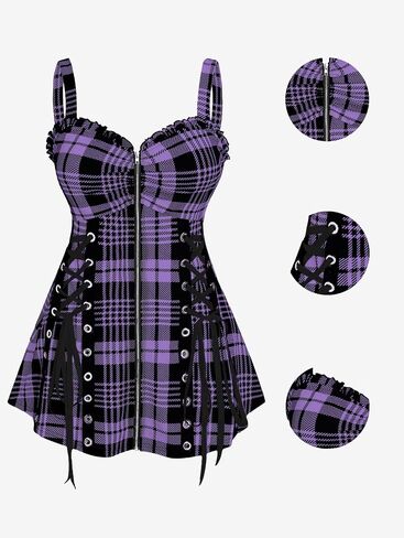 ROSE GAL Womens Plus Size Curve Lace Up Full Zipper Plaid Tank Tops Gothic Sleeveless Strap Tank Top in Saudi Arabia