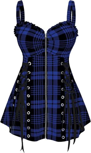 ROSE GAL Womens Plus Size Curve Lace Up Full Zipper Plaid Tank Tops Gothic Sleeveless Strap Tank Top in Saudi Arabia