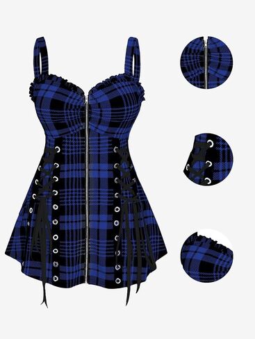 ROSE GAL Womens Plus Size Curve Lace Up Full Zipper Plaid Tank Tops Gothic Sleeveless Strap Tank Top in Saudi Arabia