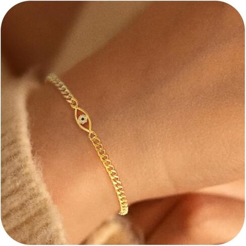 ASCOMY Gold Bracelets for Women 14K Gold/Silver Plated Bracelets Pearl Link Devil's Eye Charm Heart Bracelet Cubic Zirconia Leaf Charm Oval Lock Bangle Four Clover Leaf Dainty Bracelets Gift for Her in Kuwait