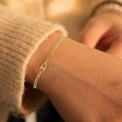 ASCOMY Gold Bracelets for Women 14K Gold/Silver Plated Bracelets Pearl Link Devil's Eye Charm Heart Bracelet Cubic Zirconia Leaf Charm Oval Lock Bangle Four Clover Leaf Dainty Bracelets Gift for Her in Kuwait