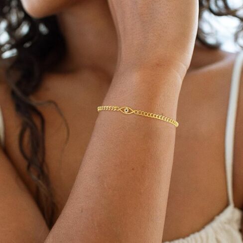 ASCOMY Gold Bracelets for Women 14K Gold/Silver Plated Bracelets Pearl Link Devil's Eye Charm Heart Bracelet Cubic Zirconia Leaf Charm Oval Lock Bangle Four Clover Leaf Dainty Bracelets Gift for Her in Kuwait