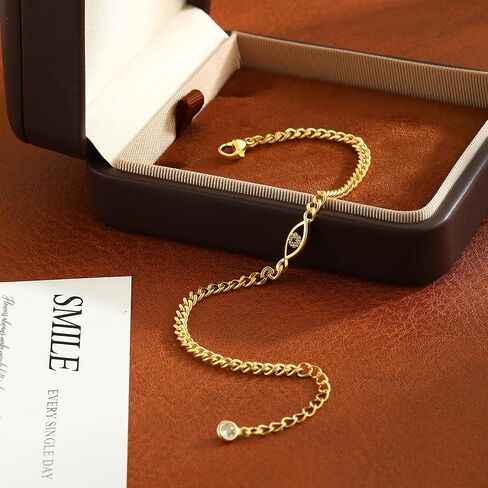 ASCOMY Gold Bracelets for Women 14K Gold/Silver Plated Bracelets Pearl Link Devil's Eye Charm Heart Bracelet Cubic Zirconia Leaf Charm Oval Lock Bangle Four Clover Leaf Dainty Bracelets Gift for Her in Kuwait