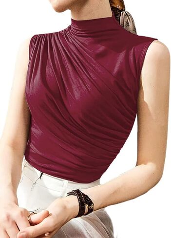 Avanova Women Fitted Sleeveless Ruched Tank Top Shirt Mock Turtleneck Blouses in Saudi Arabia