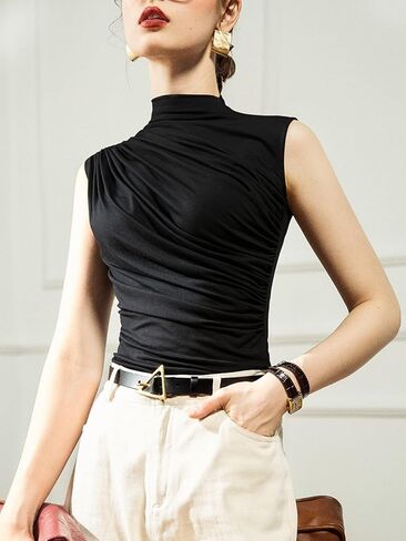 Avanova Women Fitted Sleeveless Ruched Tank Top Shirt Mock Turtleneck Blouses in Saudi Arabia