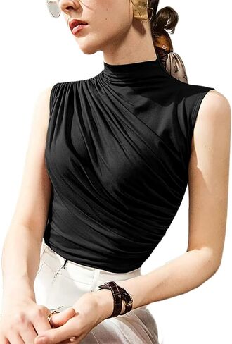 Avanova Women Fitted Sleeveless Ruched Tank Top Shirt Mock Turtleneck Blouses in Saudi Arabia