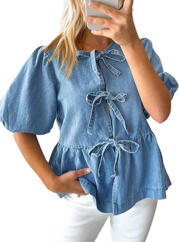Tankaneo Womens Denim Tie Front Tops Babydoll Peplum Puff Sleeve Jean Shirts Crew Neck Summer Casual Bow Blouses in Kuwait