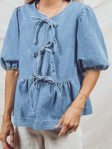 Tankaneo Womens Denim Tie Front Tops Babydoll Peplum Puff Sleeve Jean Shirts Crew Neck Summer Casual Bow Blouses in Kuwait