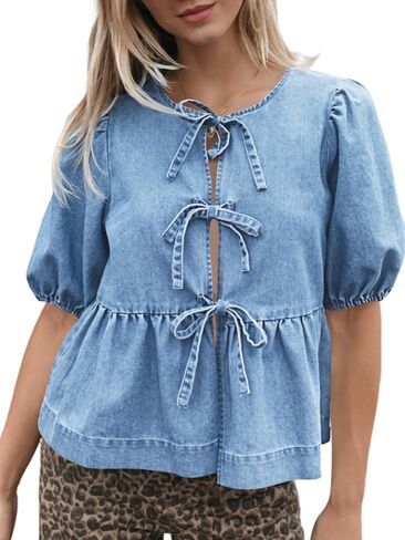 Tankaneo Womens Denim Tie Front Tops Babydoll Peplum Puff Sleeve Jean Shirts Crew Neck Summer Casual Bow Blouses in Kuwait