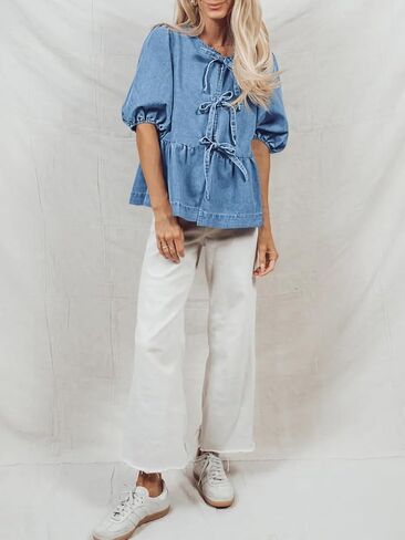 Tankaneo Womens Denim Tie Front Tops Babydoll Peplum Puff Sleeve Jean Shirts Crew Neck Summer Casual Bow Blouses in Kuwait
